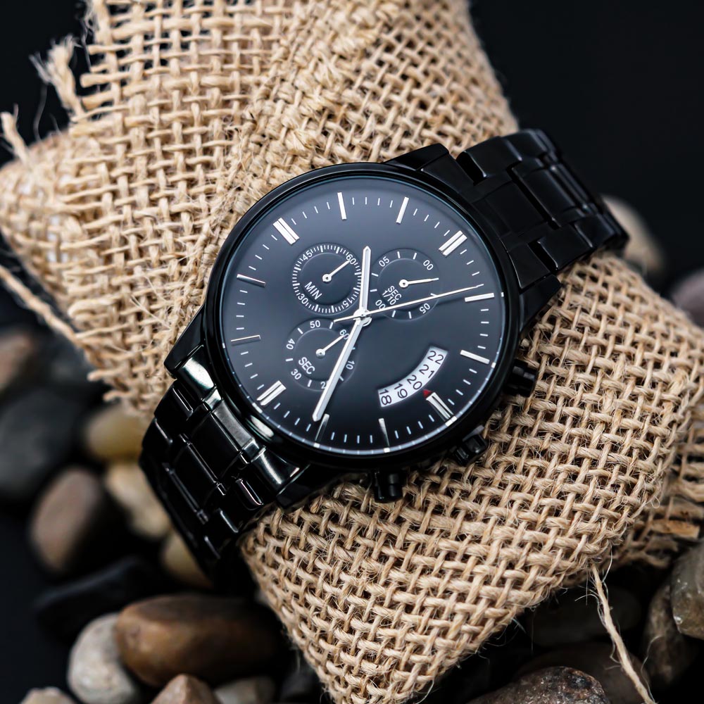 Personalized Elegance: Custom Engraved Black Chronograph Watch - paulapicks