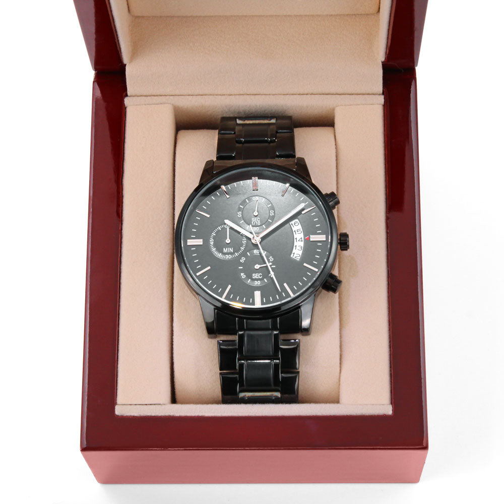 Personalized Elegance: Custom Engraved Black Chronograph Watch - paulapicks