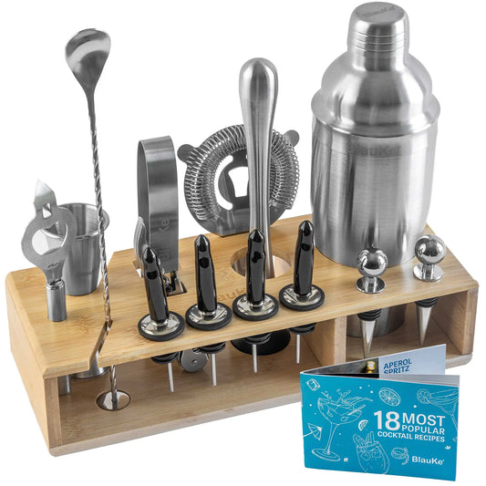 Stainless Steel Cocktail Shaker Set with Stand - 17-Piece Mixology Bartender Kit, Bar Set - 25oz Martini Shaker, Jigger, Strainer, Muddler, Mixing Spoon paulapicks